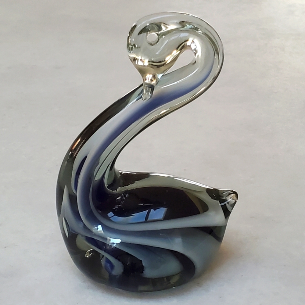 Blue Striped Swan Art Glass Paperweight